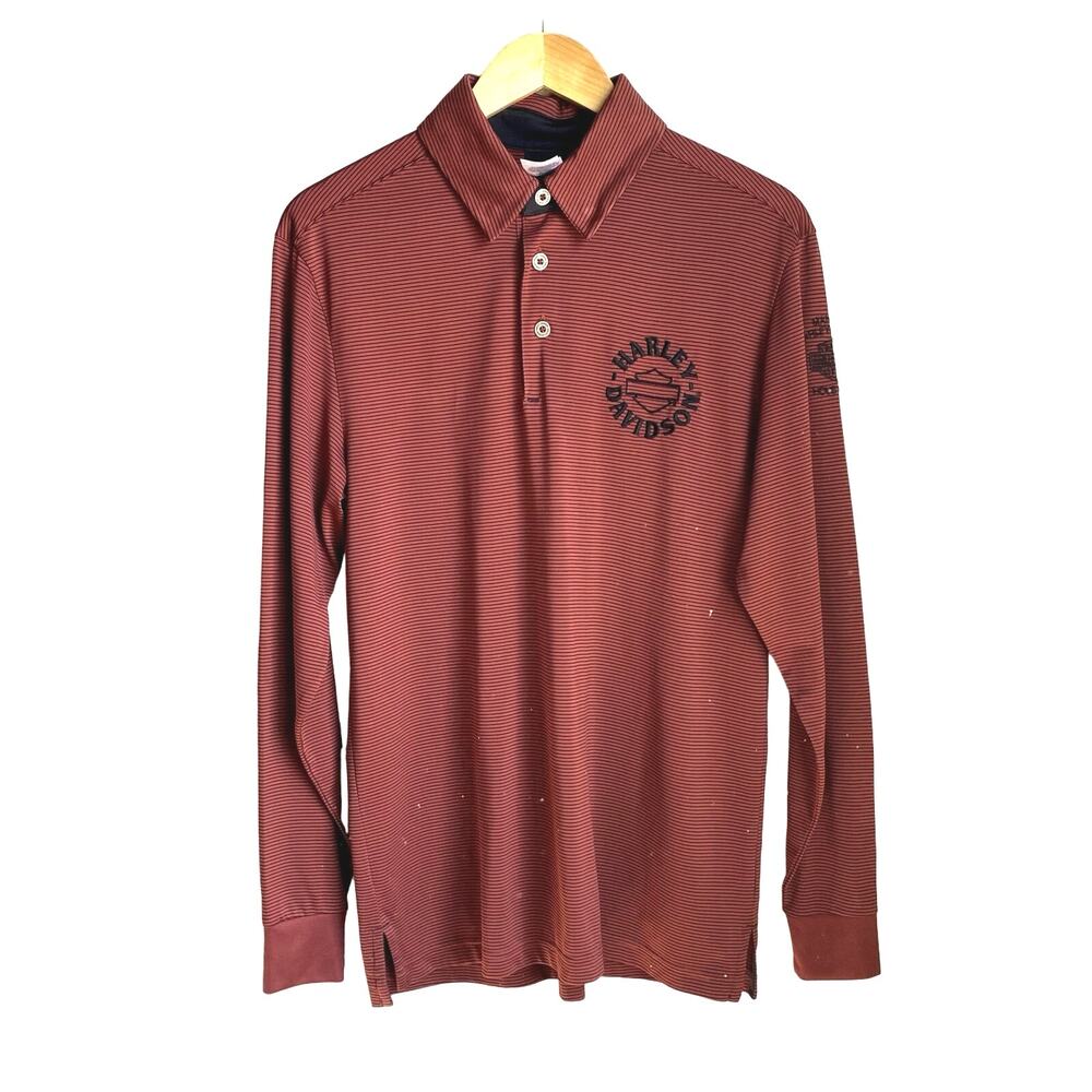 HARLEY DAVIDSON Houston Mancuso Orange Black Striped Long Sleeved Polo‎ Shirt M